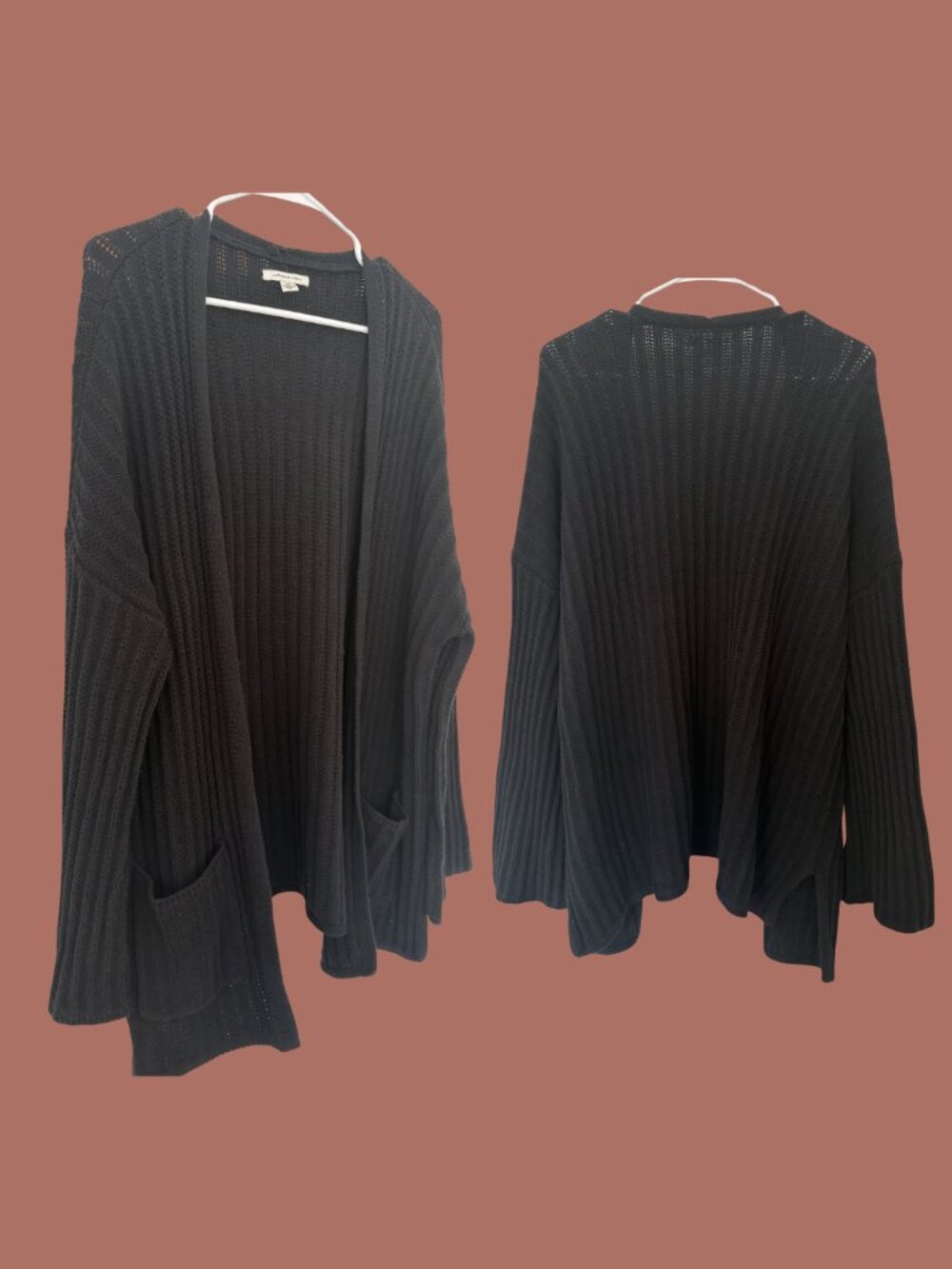 American Eagle Cozy Knit Bell-Sleeve Pocket Open Front Cardigan, Black, Size L